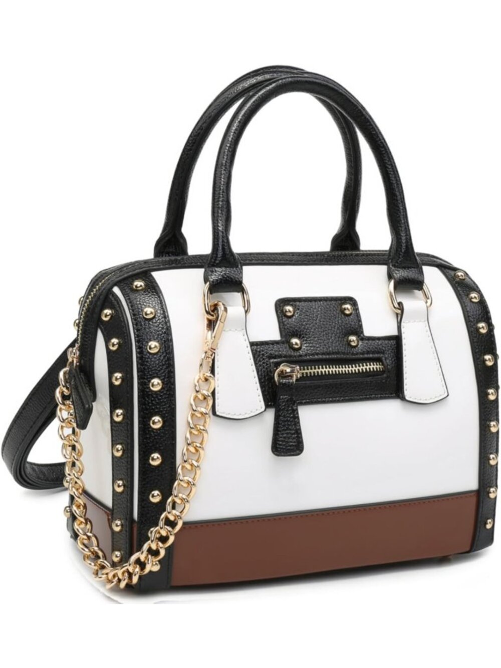Stylish Shiny Patent Faux Leather Barrel Bag with Rivet Detail - Versatile